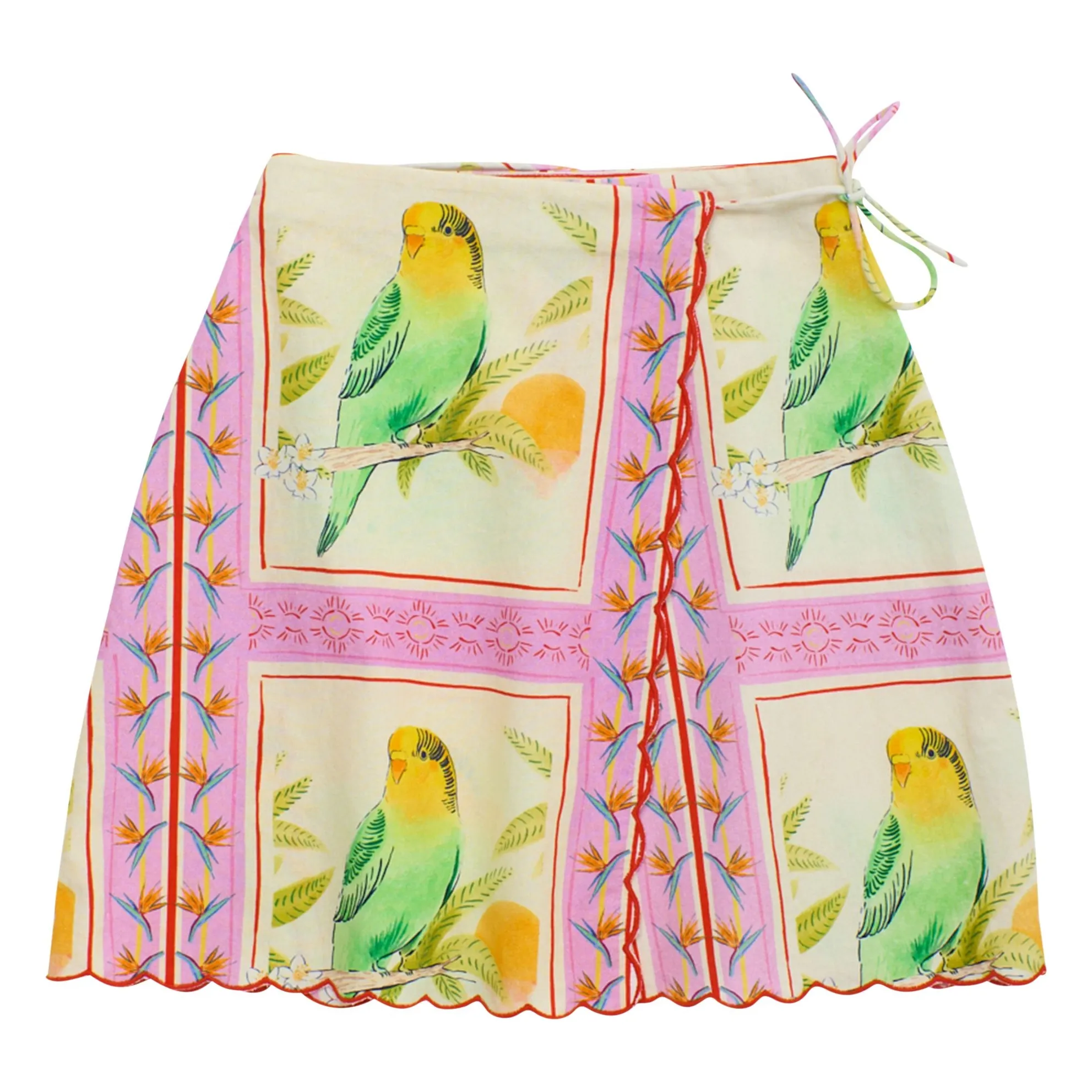 Maison Mangostan Pink Birds Patchwork Skirt