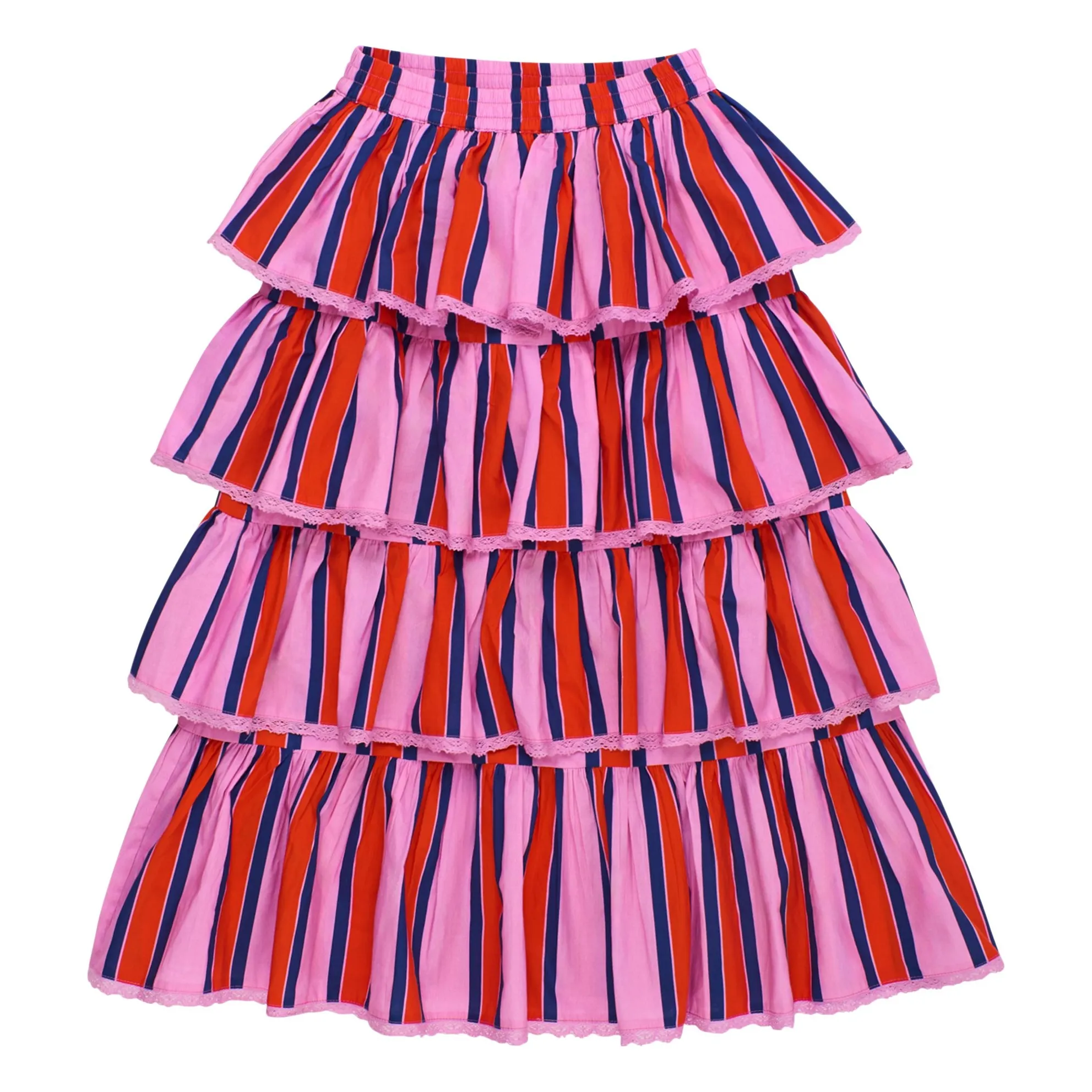 Maison Mangostan Pink Striped Ruffle Skirt