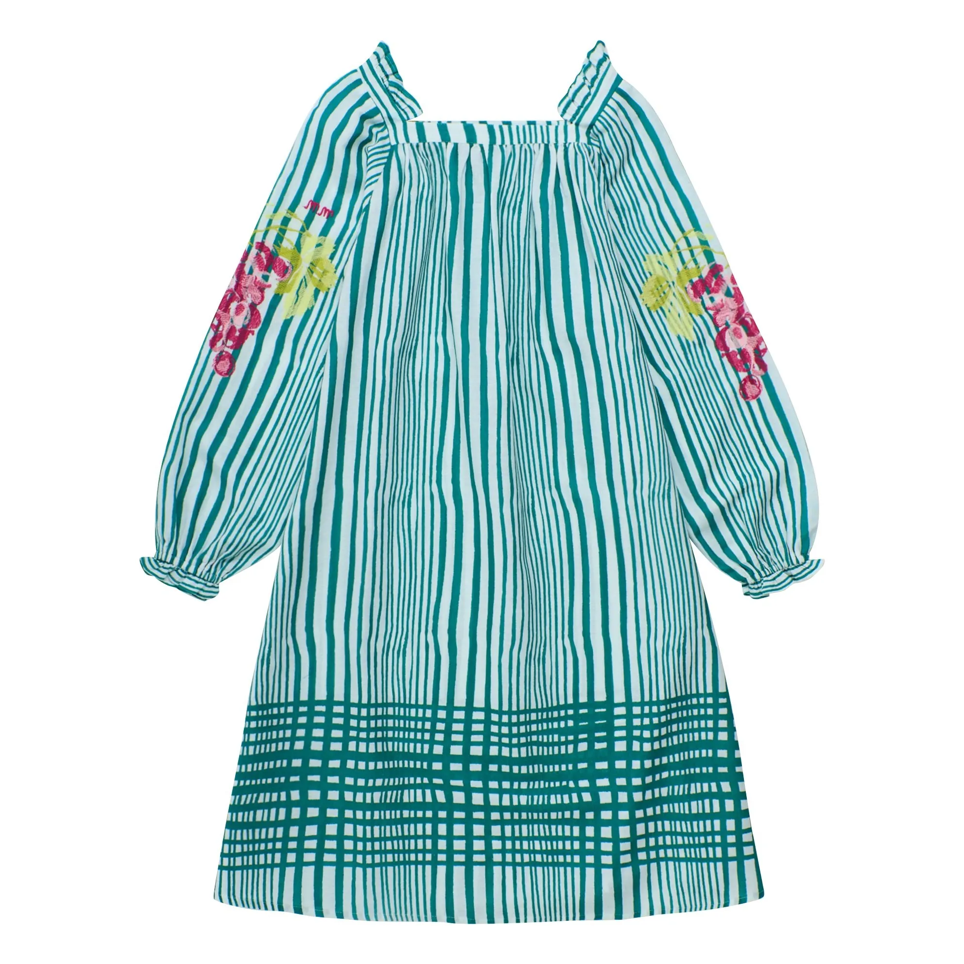 Maison Mangostan Green Striped Puff Sleeve Dress