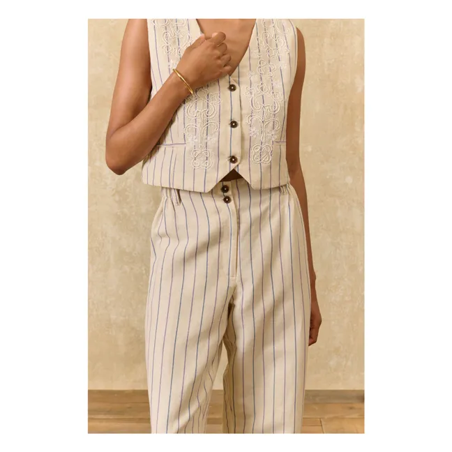 Pantalón Abuela Rayas Lino y Algodón | Crema