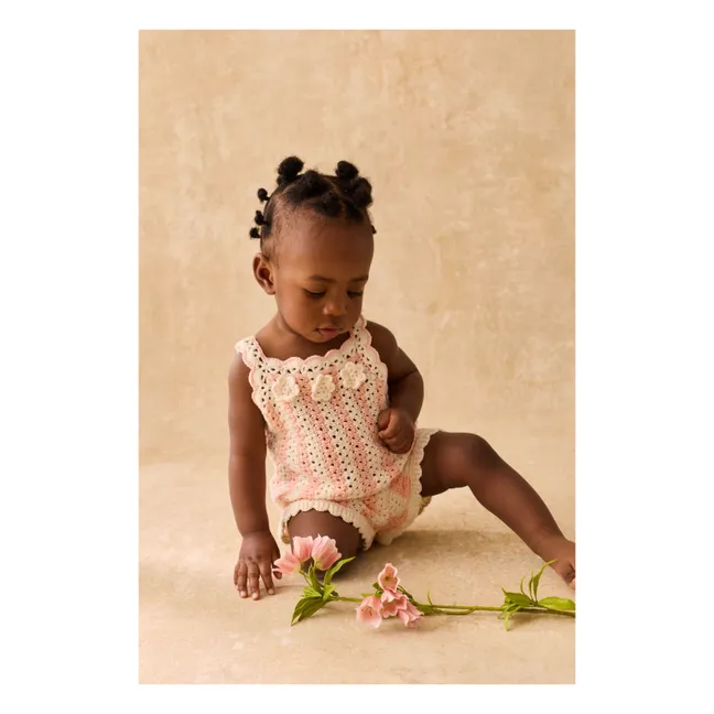 Openwork Lary Mesh Striped Top and Shorts Set | Pink