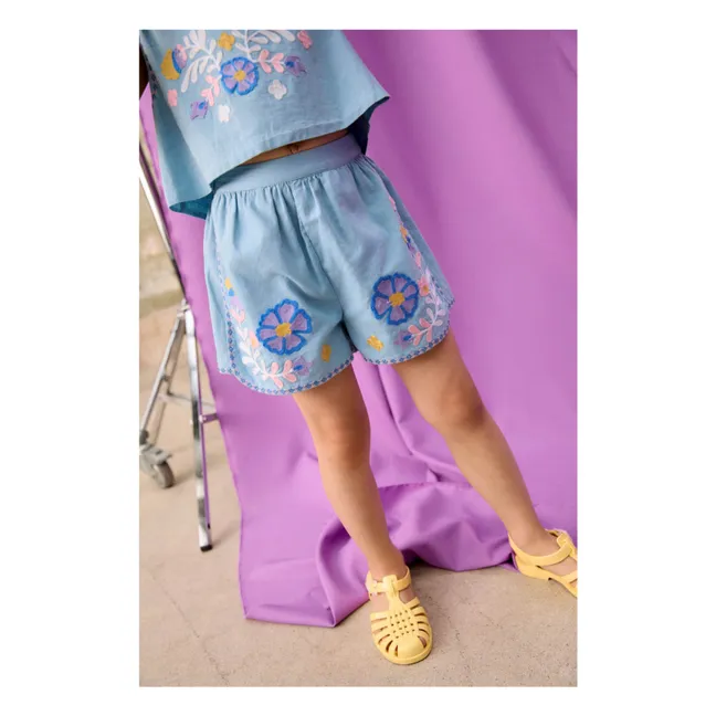 Maïwen Organic Cotton Embroidered Shorts | Blue