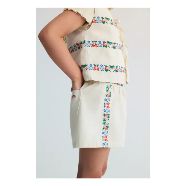 BCI Pantalones cortos de algodón con bordado de flores de malva | Crudo