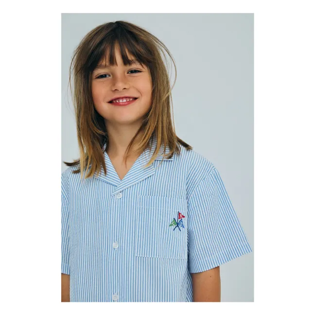 Camisa Seersucker Lino Rayas Almendra | Azul Claro