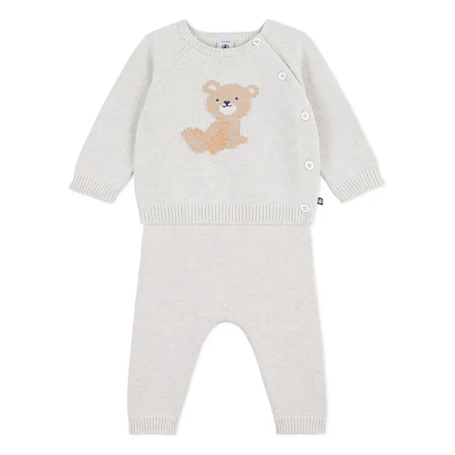 Organic Cotton Teddy Bear Sweater and Pants Set | Heather beige