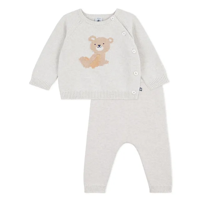 Organic Cotton Teddy Bear Sweater and Pants Set | Heather beige