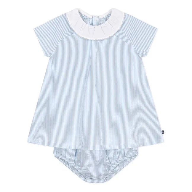 Conjunto de Vestido y Cuello de Algodón Ecológico Seersucker a Rayas | Azul