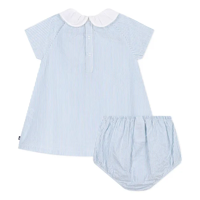 Conjunto de Vestido y Cuello de Algodón Ecológico Seersucker a Rayas | Azul