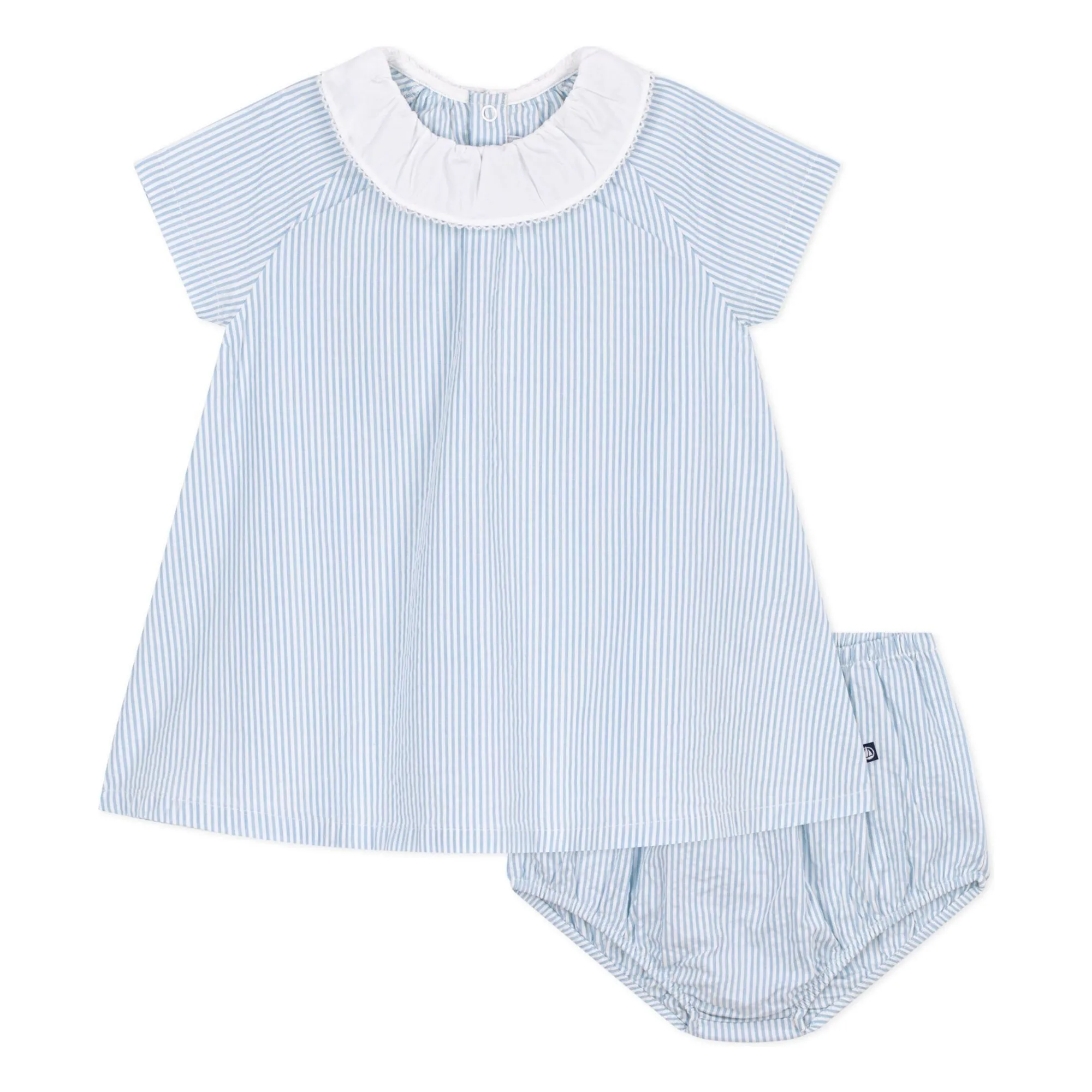 Petit Bateau Girls Blue Striped Seersucker Organic Cotton Collar And Bloomer Dress Set