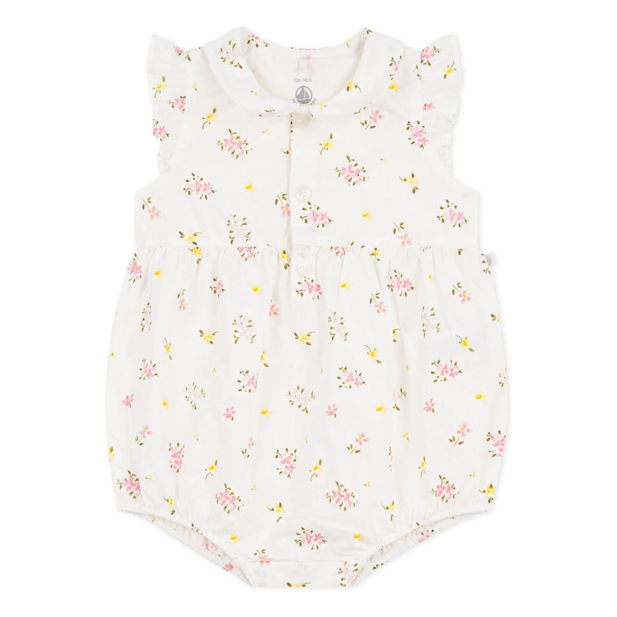 Petit Bateau Girls White Seersucker Organic Cotton Floral Romper