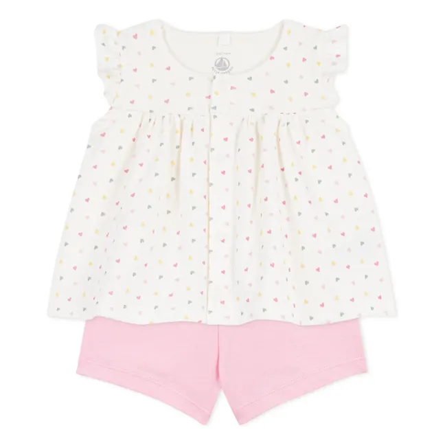 Ensemble Top et Short Cœurs Coton Bio | Blanc