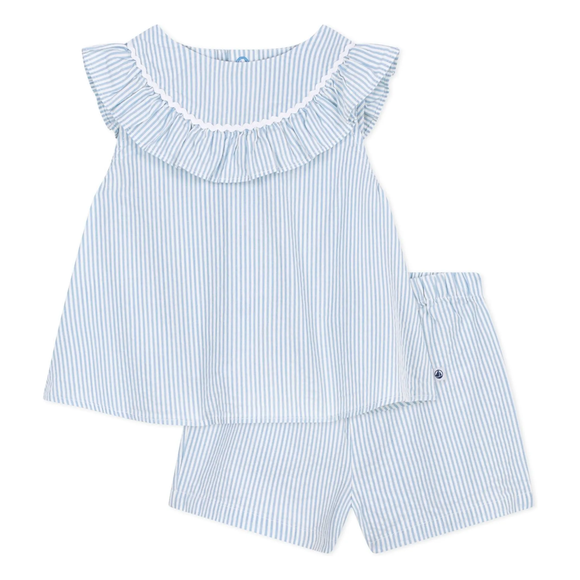 Petit Bateau Girls White Seersucker Organic Cotton Blouse And Shorts Set