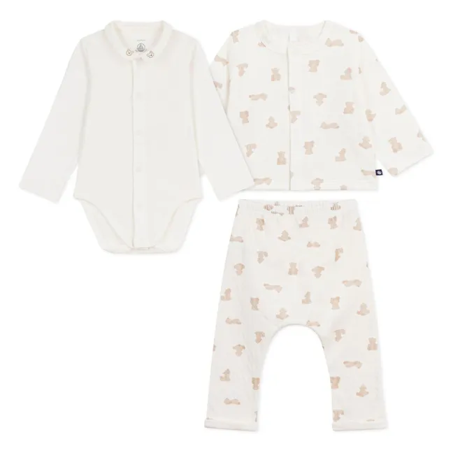 Organic Cotton Tubique Teddy Bear Vest and Pants Body Set | White