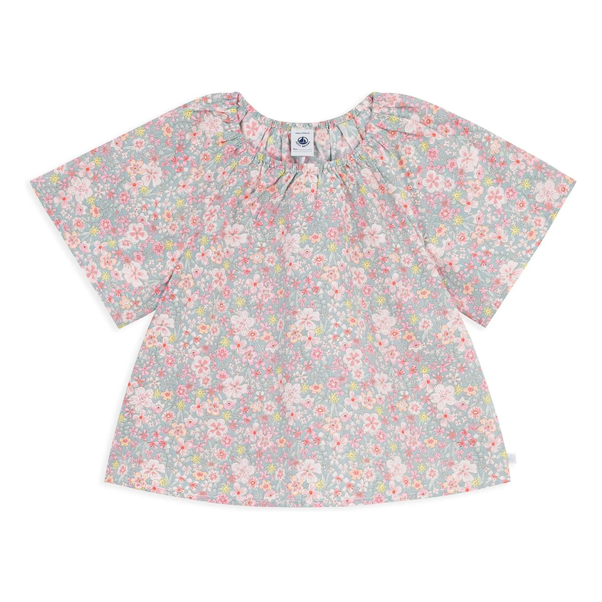 Petit Bateau Girls Grey Blue Blouse Ample Fleurie Popeline Coton Bio