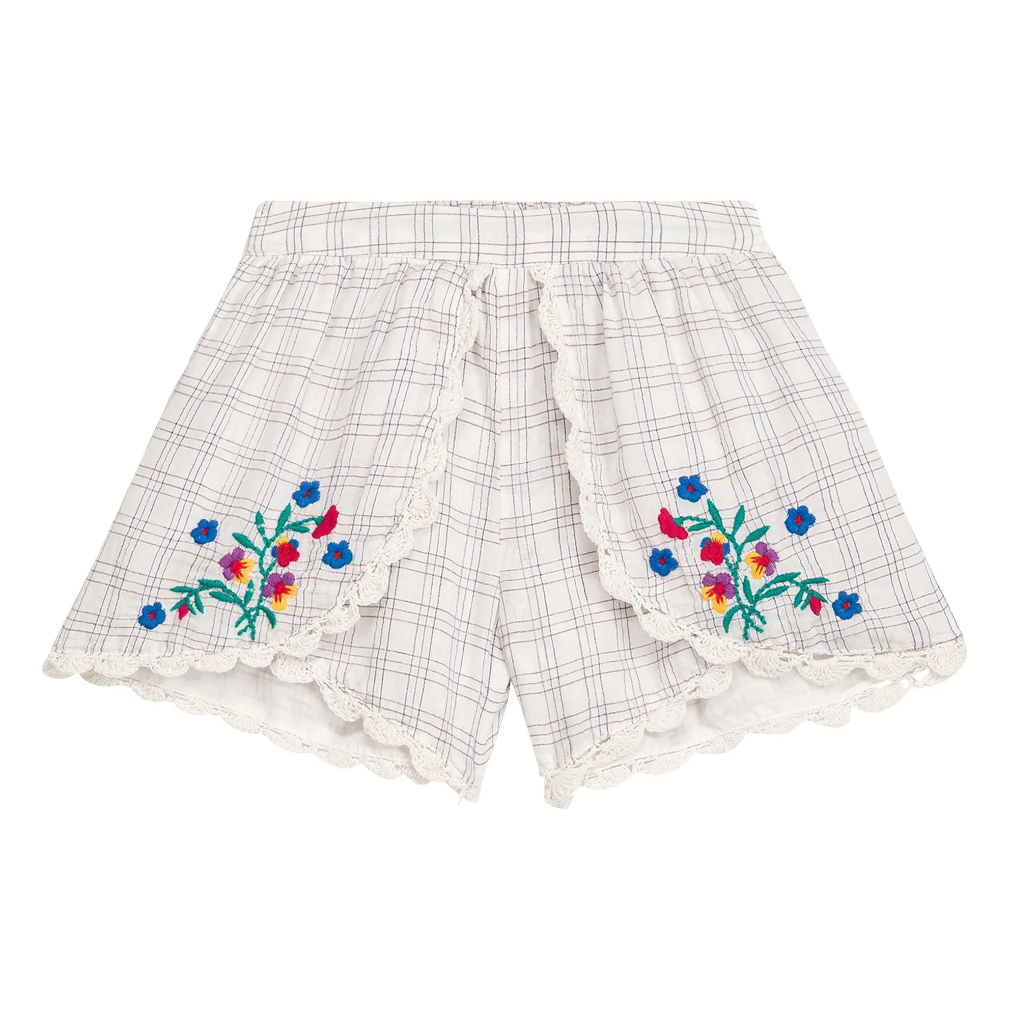 Louise Misha Cream Asya Embroidered Shorts Organic Cotton Checks