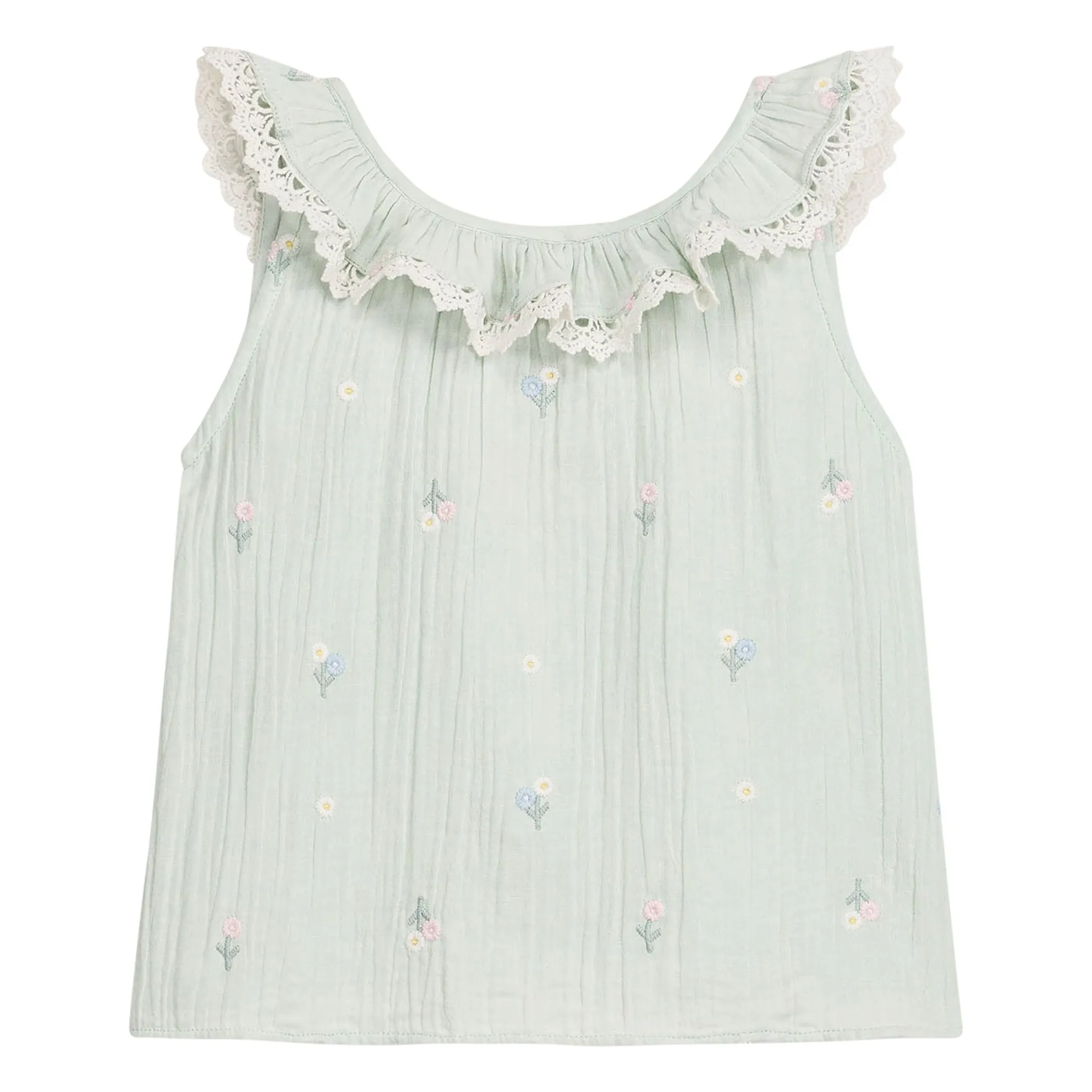 Top Volants Zelina Fleuri Coton Bio | Vert amande- Image produit n°0