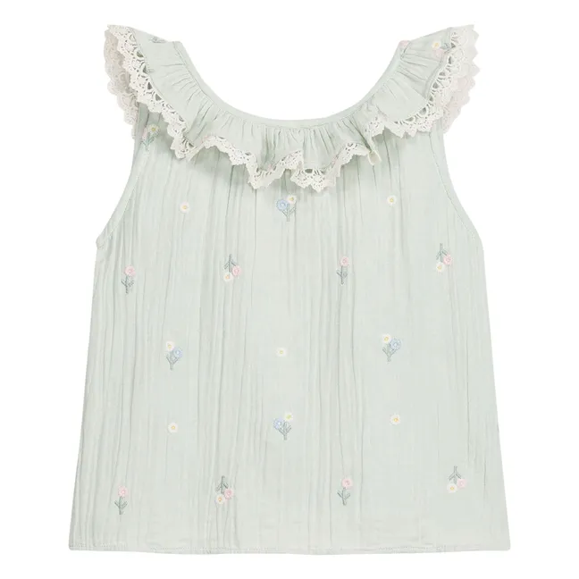 Zelina Floral Organic Cotton Ruffle Top | Almond green