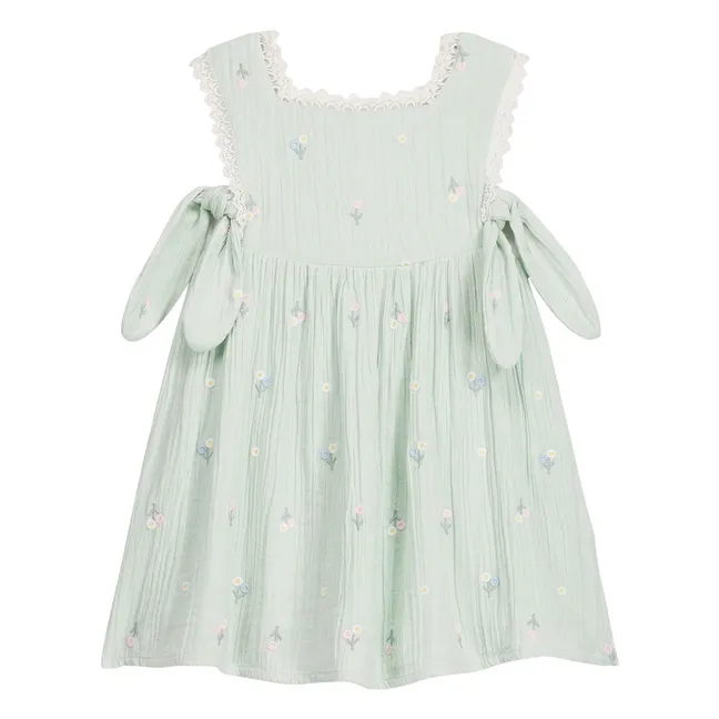 Robe Tablier Plissée Aloisa Fleurie | Vert amande