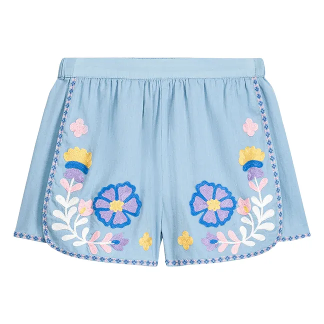 Maïwen Organic Cotton Embroidered Shorts | Blue