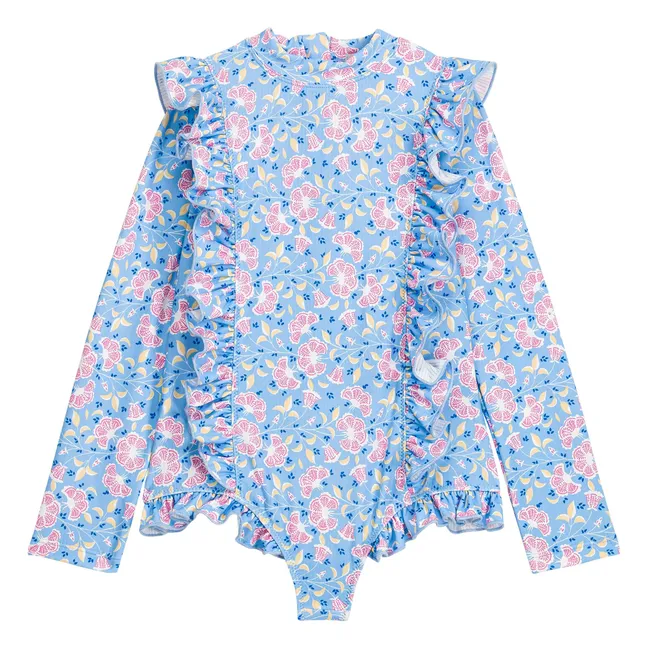 Maillot de Bain Manches Longues Aurélie Fleuri Fibres Recyclées | Bleu