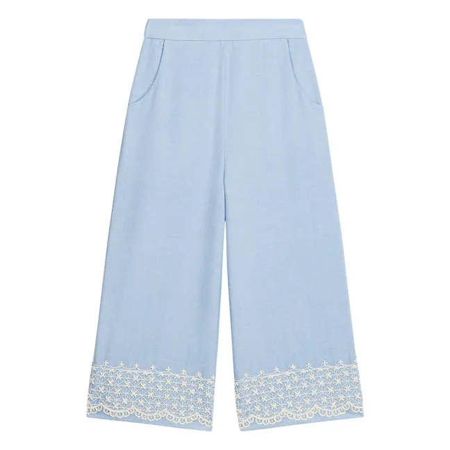 Pantalones bordados de algodón orgánico Florelia | Azul