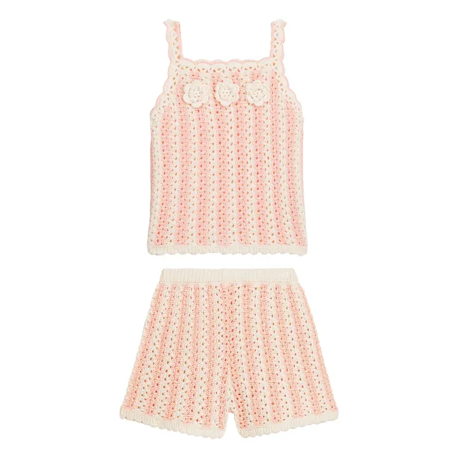 Openwork Lary Mesh Striped Top and Shorts Set | Pink