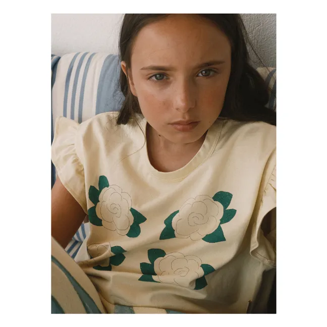 T-shirt Crop Volants Roses Coton Bio | Jaune pâle