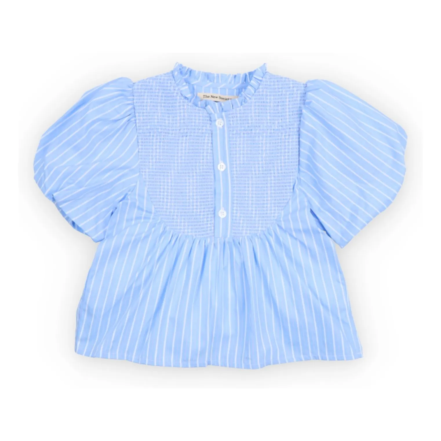 The New Society Light Blue Striped Ficus Blouse With Puff Sleeves