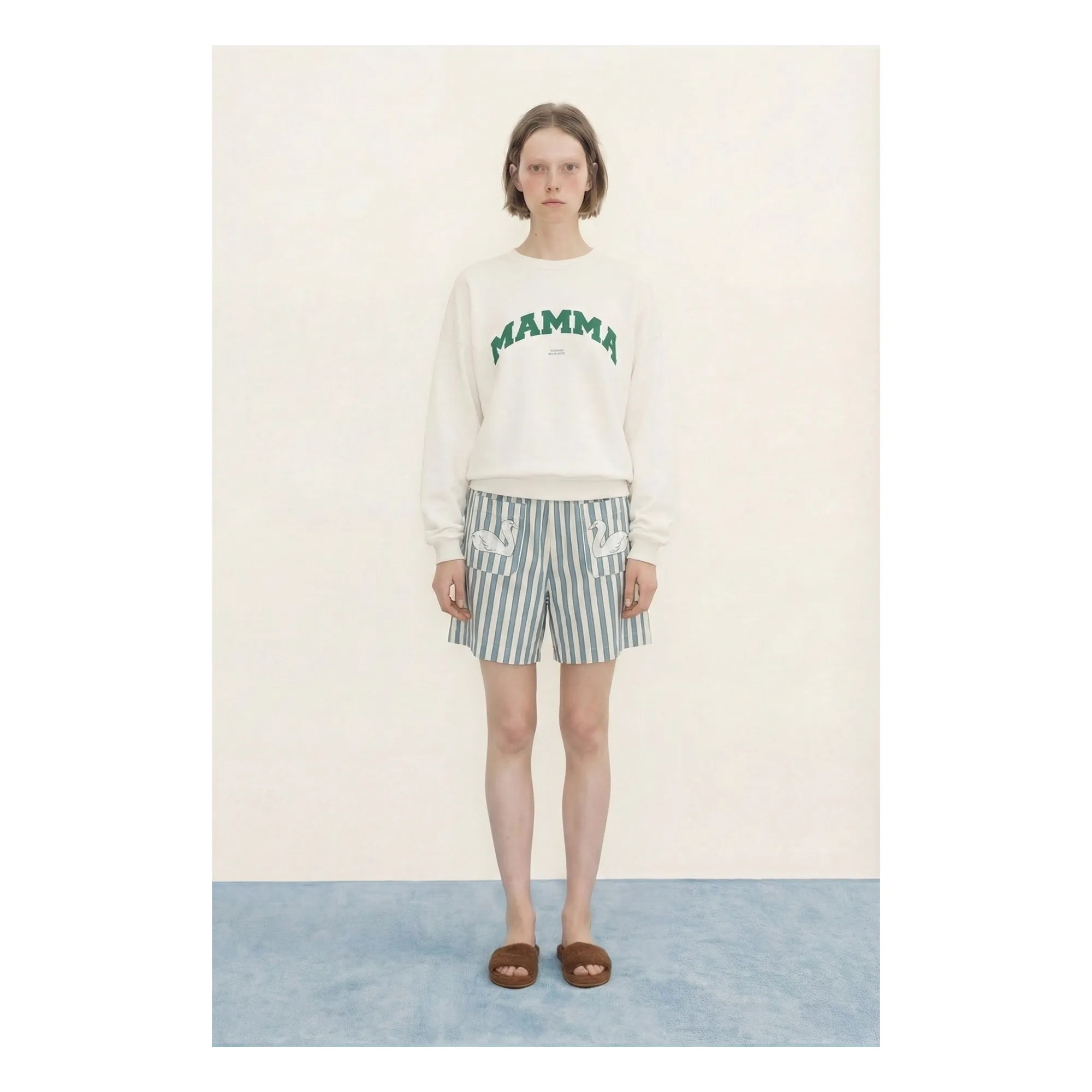 The Tiny Big Sister Blue Linen And Cotton Swan Shorts