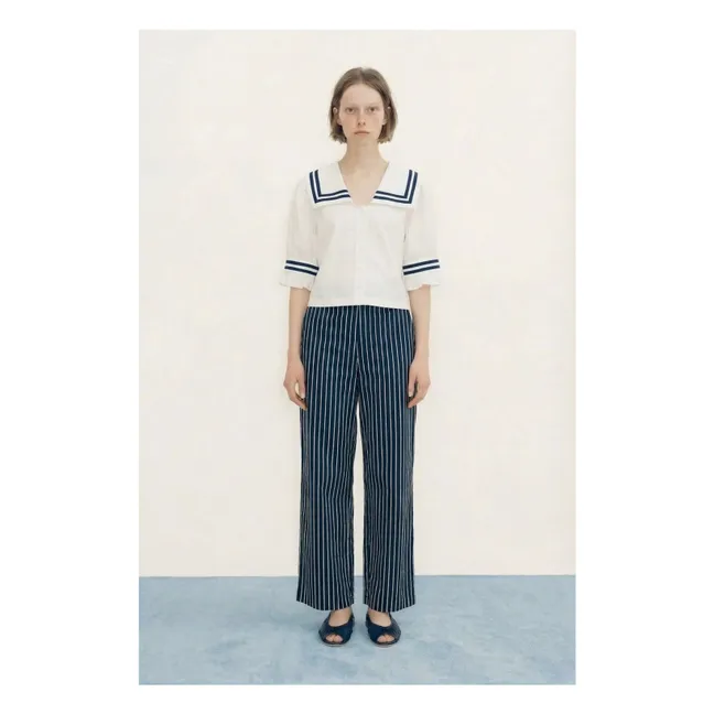 Blusa con volantes de lino y algodón | Blanco Roto