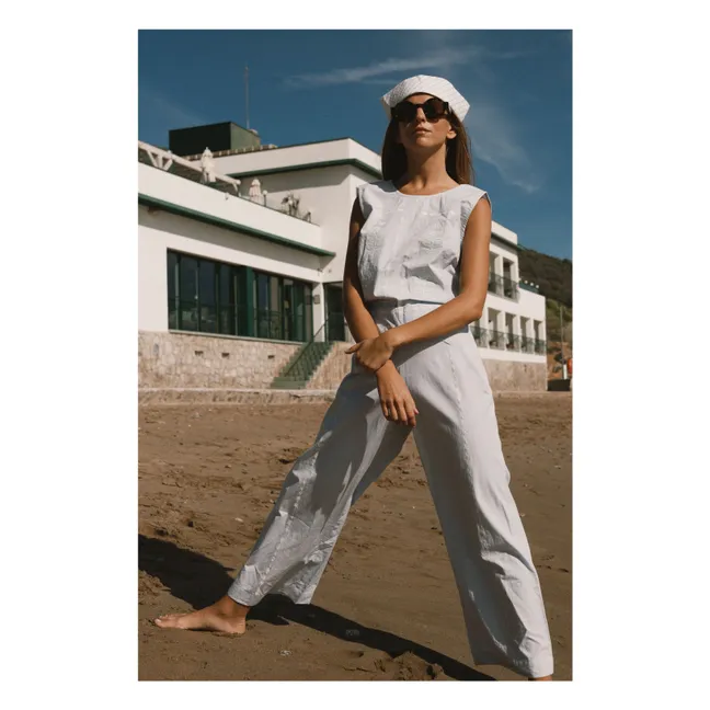 Pantalon Brodé Lin et Coton | Bleu