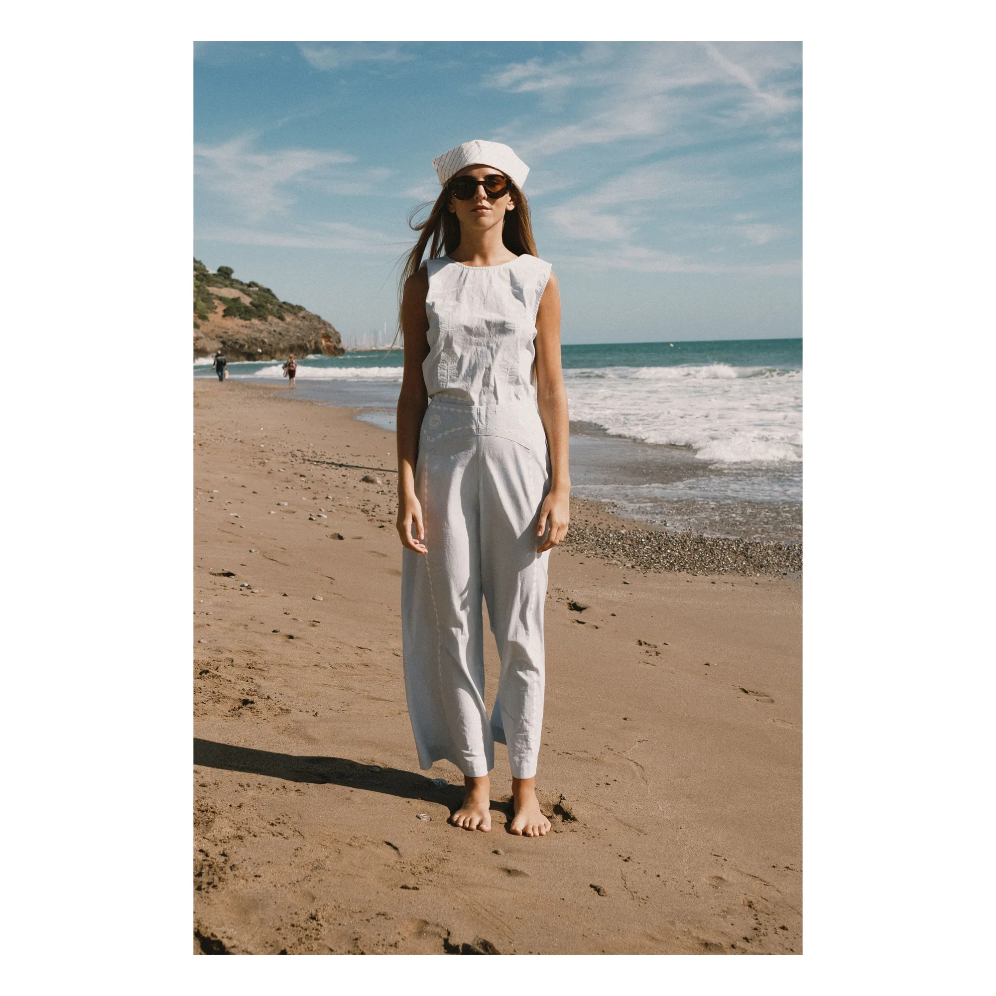 The Tiny Big Sister Blue Linen And Cotton Embroidered Pants
