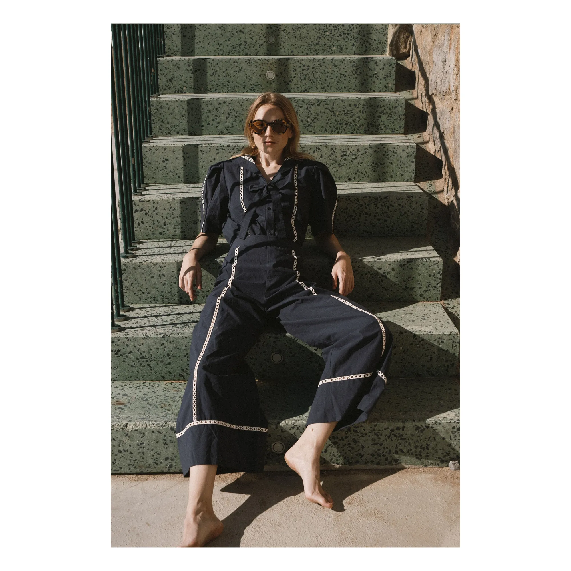 Pantalon Wide Coton | Bleu marine- Image produit n°2
