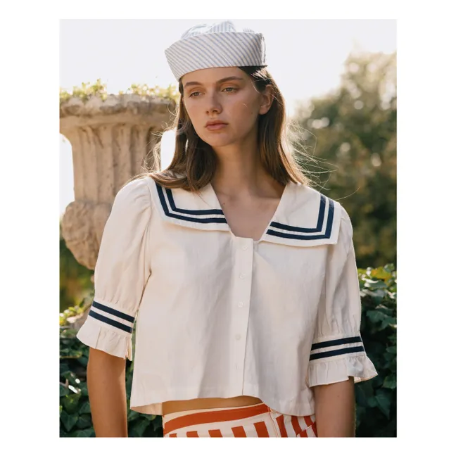 Blusa con volantes de lino y algodón | Blanco Roto