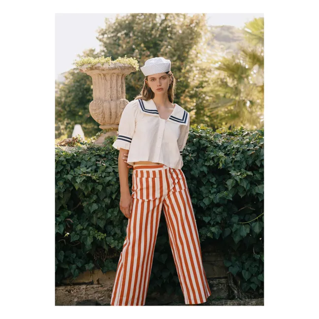 Blusa con volantes de lino y algodón | Blanco Roto