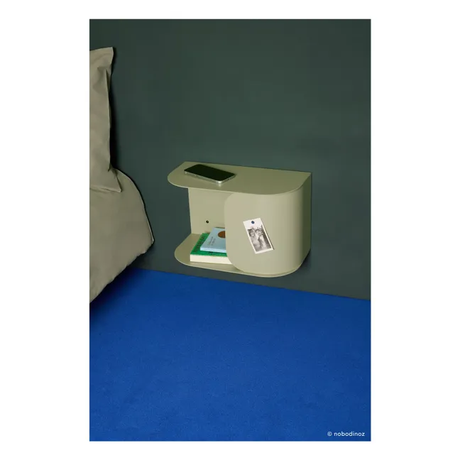 Wall-mounted bedside table in lacquered steel | Almond green