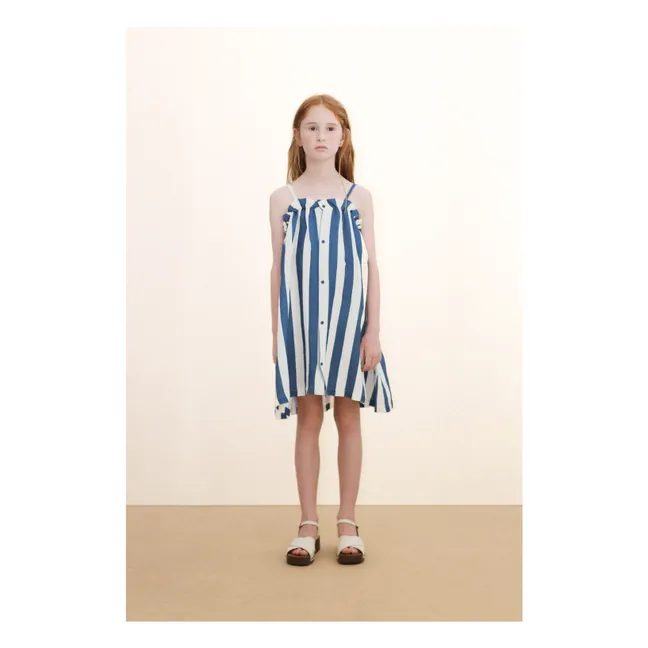 Vestido de lino a rayas sin tirantes | Azul