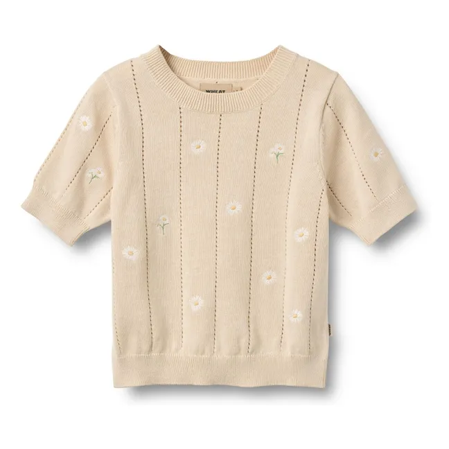 Pull Manches Courtes Malvina Fleurs Coton Bio | Ecru