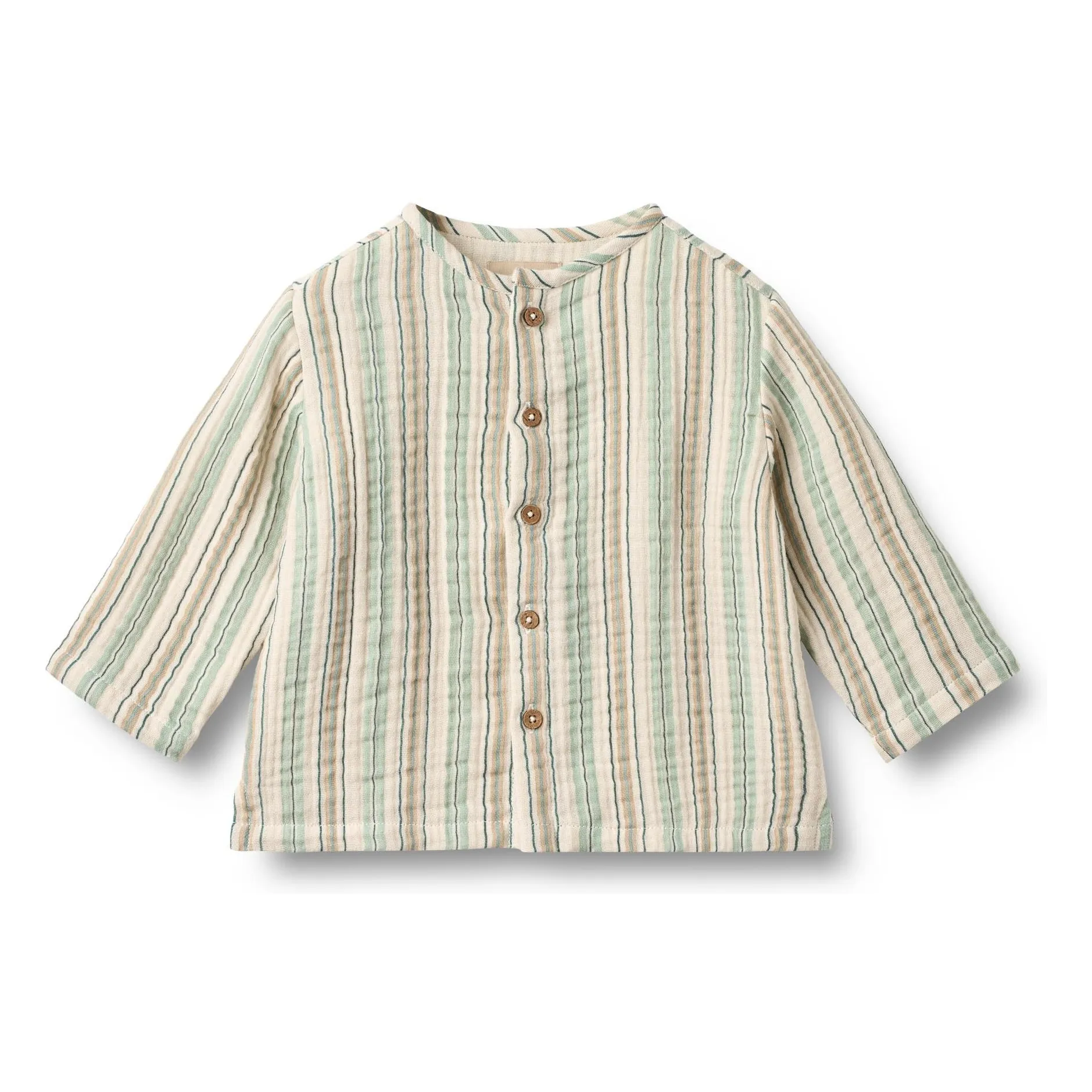 Wheat Unisex Infant Pale Green Striped Organic Cotton Mao Collar Shirt
