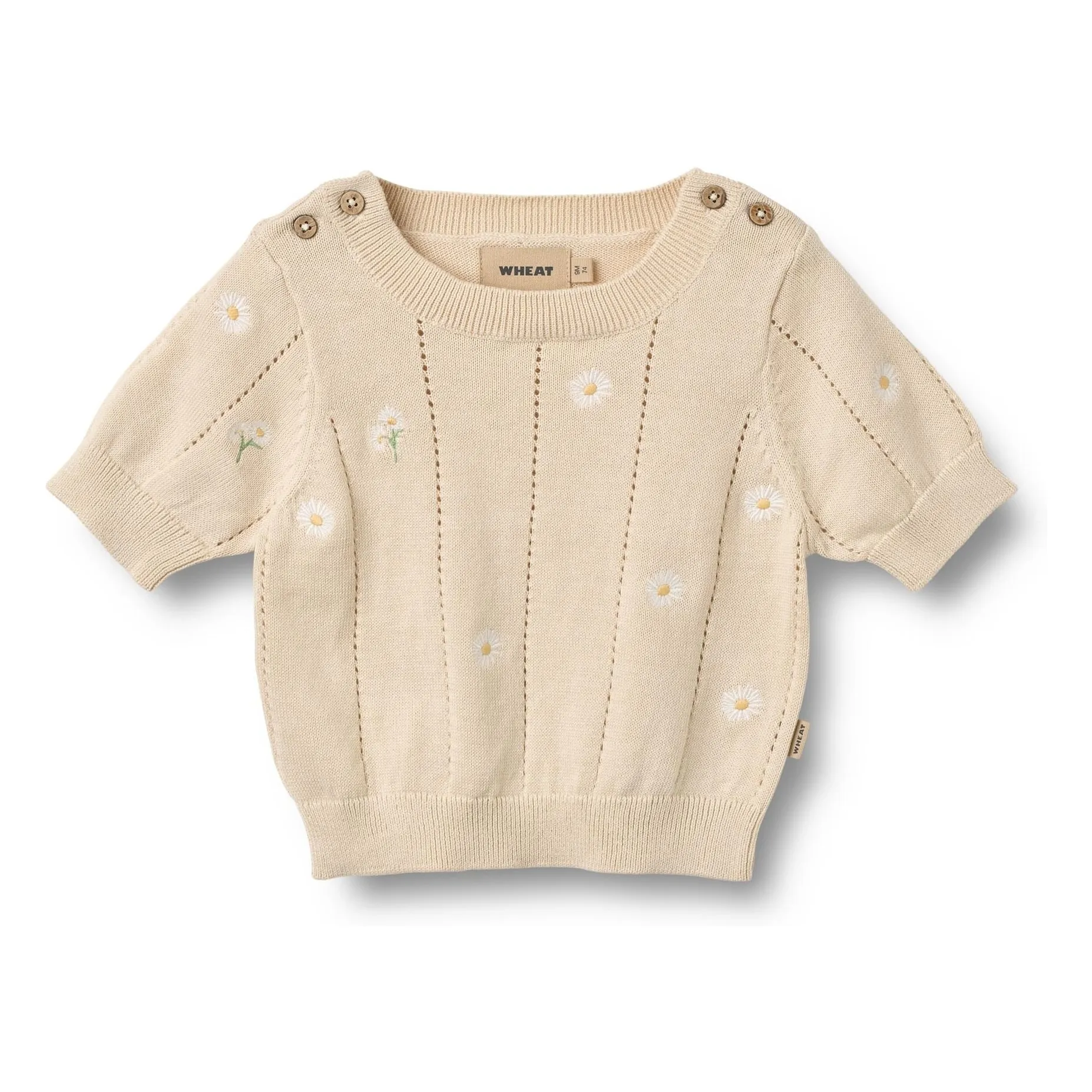 Wheat Ecru Malvina Organic Cotton Flowers Baby Short Sleeve Sweater