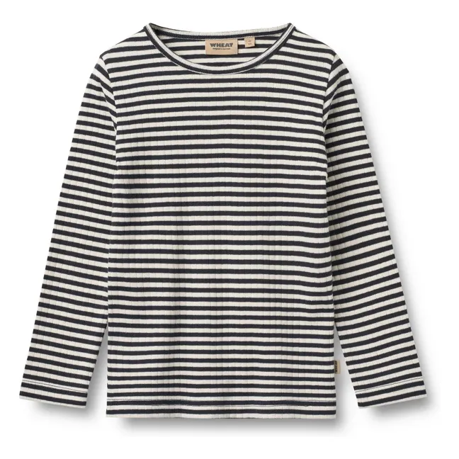 Camiseta Stig de algodón orgánico con rayas acanaladas | Azul Marino