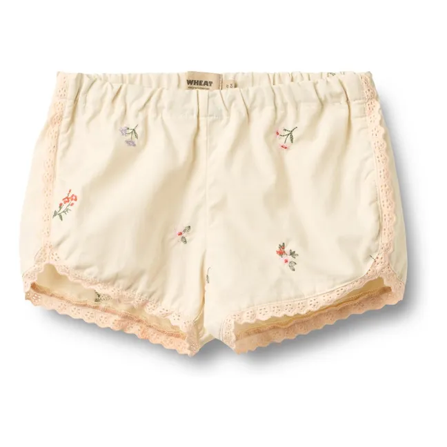 Pantalón Corto Inger Bordado Flores Algodón Ecológico | Marfil