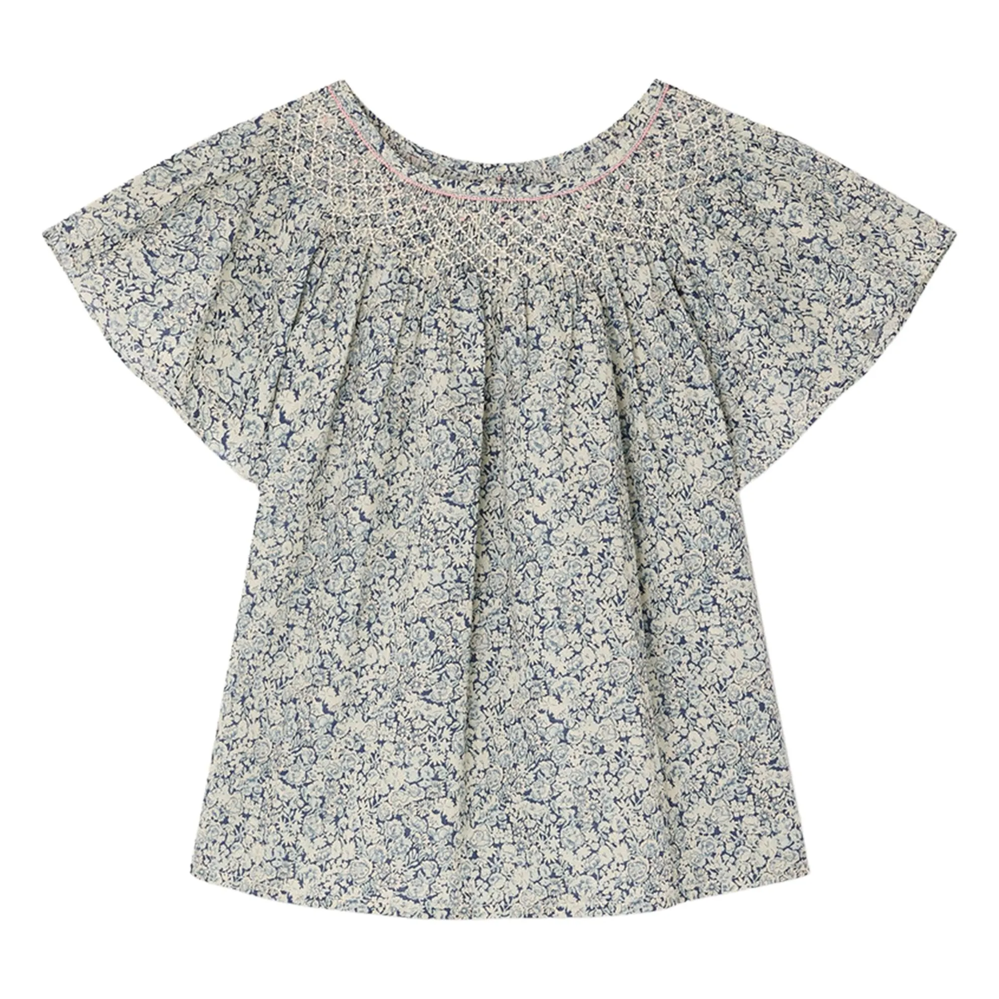 Bonpoint Girls Prussian Blue Nella Fleurie Organic Cotton Smocked Blouse