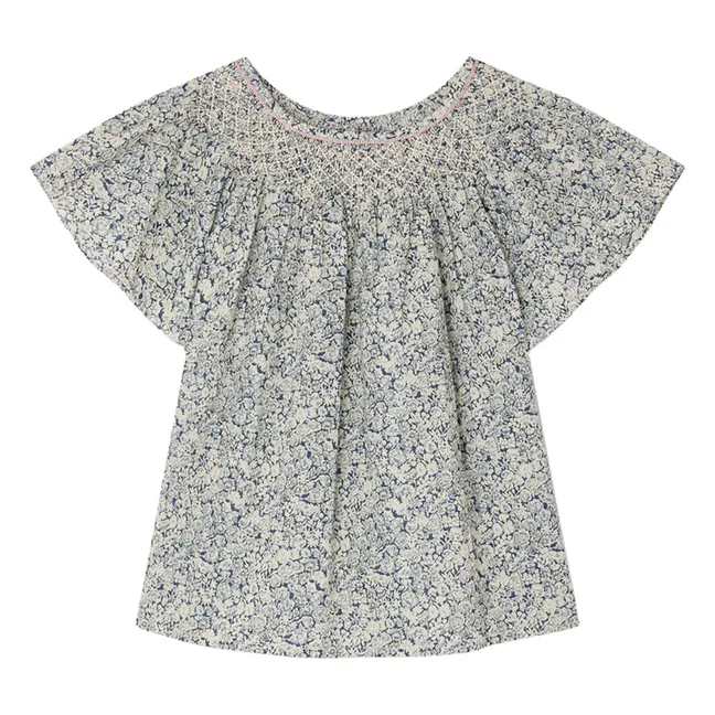 Blouse Smockée Nella Fleurie Coton Bio | Bleu de Prusse