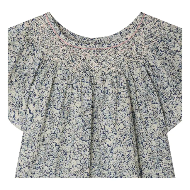 Blouse Smockée Nella Fleurie Coton Bio | Bleu de Prusse