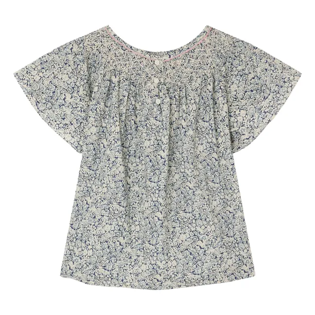 Blouse Smockée Nella Fleurie Coton Bio | Bleu de Prusse
