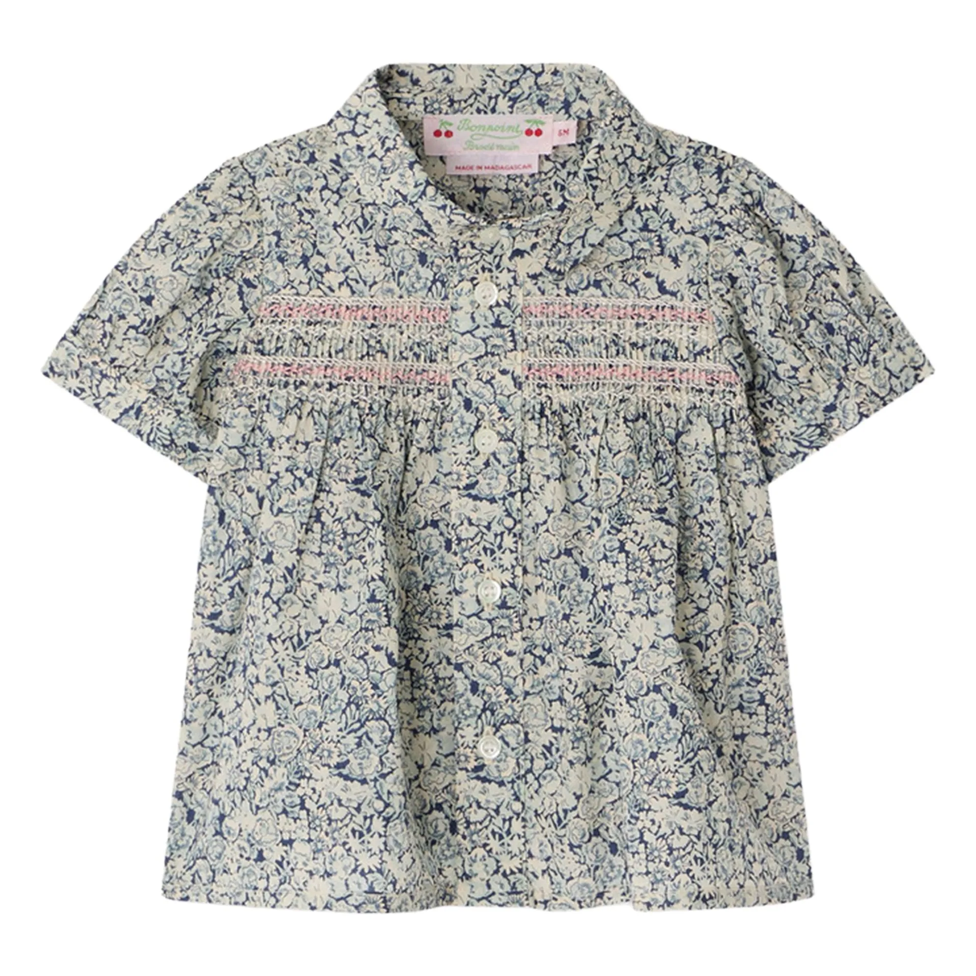 Bonpoint Prussian Blue Blouse Col Claudine Laurencia Fleurie Organic Cotton
