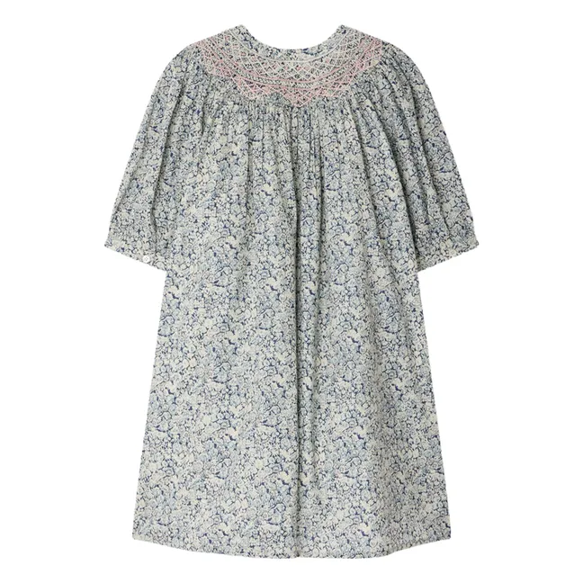 Robe Smockée Ladwiga Fleurie Coton Bio | Bleu de Prusse