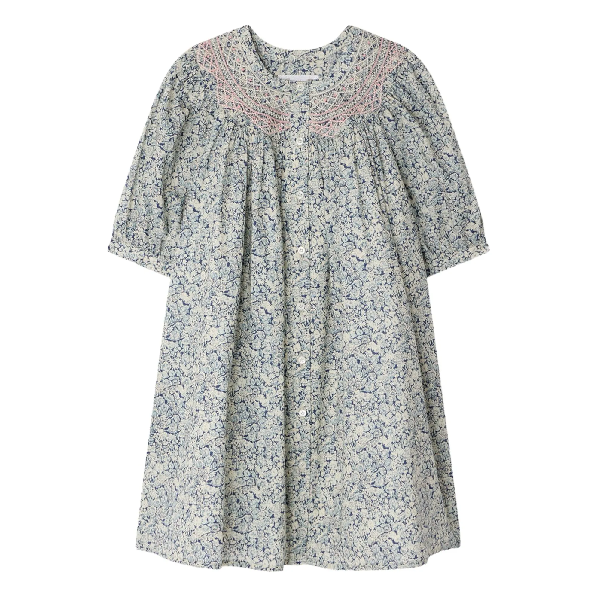 Bonpoint Girls Prussian Blue Ladwiga Fleurie Organic Cotton Smocked Dress