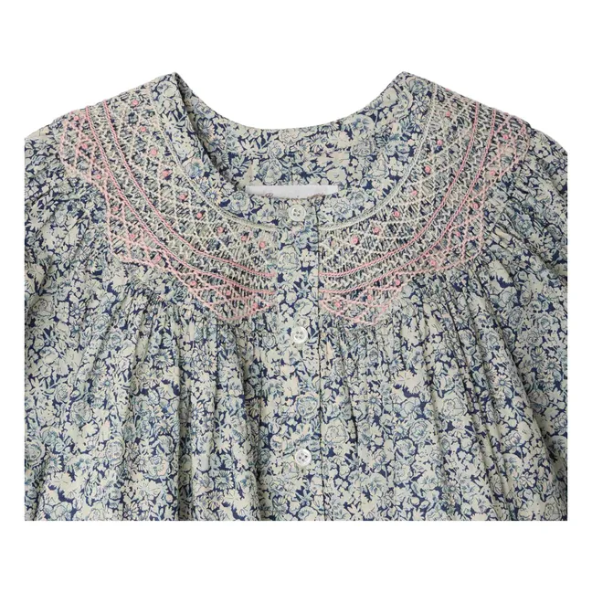 Robe Smockée Ladwiga Fleurie Coton Bio | Bleu de Prusse